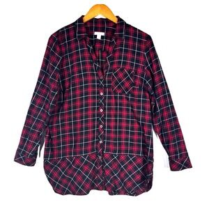 J Jill Womens Petite SM Plaid Shirt Red Black White Button Front Cotton Festival